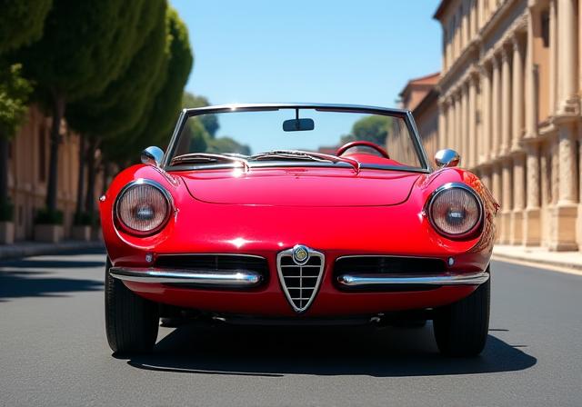 Un'Alfa Romeo Spider Duetto rossa restaurata, vista di tre quarti anteriore sotto il sole di Roma