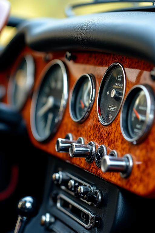 Dettaglio del cruscotto in radica di una Jaguar E-Type restaurata, con strumenti in perfette condizioni