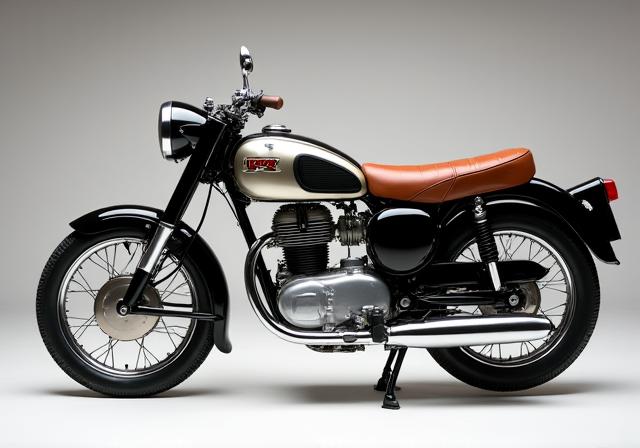 Profilo di una Moto Guzzi Falcone d'epoca restaurata, con finiture cromate e sella in pelle