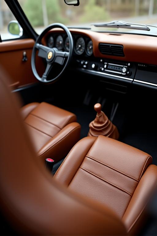 Interni in pelle marrone di una Porsche 911 classica, con dettagli del cruscotto in legno