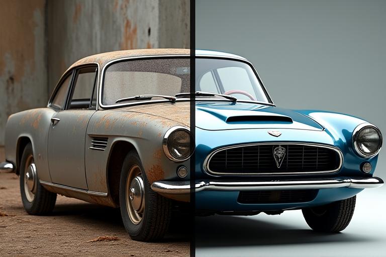 Immagine comparativa prima e dopo del restauro di una Lancia Flaminia, mostrando la rinascita
