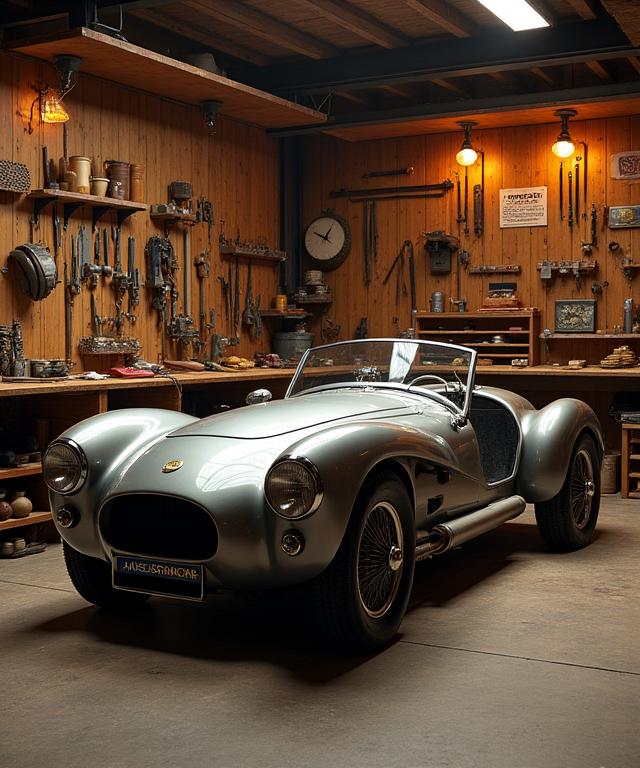 Interno dell'officina di Arco Strada con attrezzi d'epoca e un telaio di auto in lavorazione