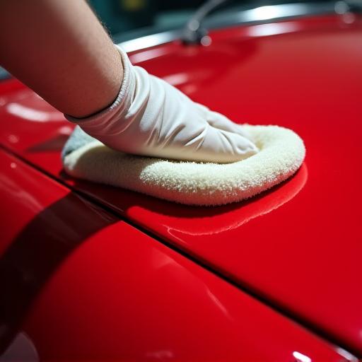 Mano di un professionista che lucida la carrozzeria di un'auto d'epoca rossa