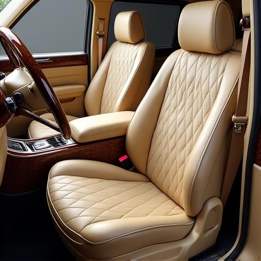 Interni in pelle beige con cuciture a rombi e inserti in radica