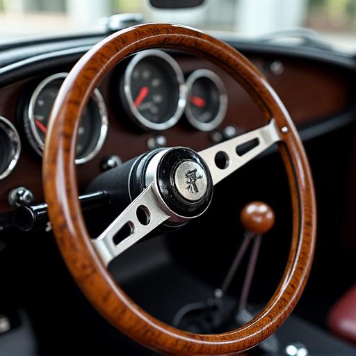 Volante in legno personalizzato installato su un cruscotto d'epoca